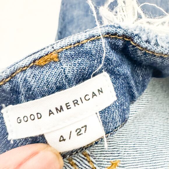 Good American Straight Leg Denim Jeans Frayed Hem Indigo032 Zip Fly Size 4 / 27 - Picture 6 of 8